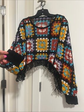 Multicolor Crochet Fringe Sweater Shrug - Black Trim